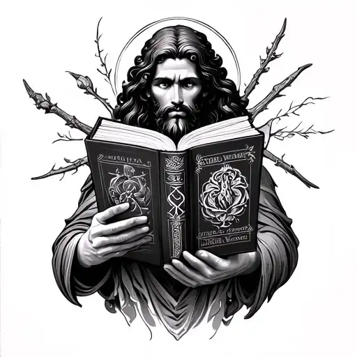 pagan god holding history book tattoo design idea