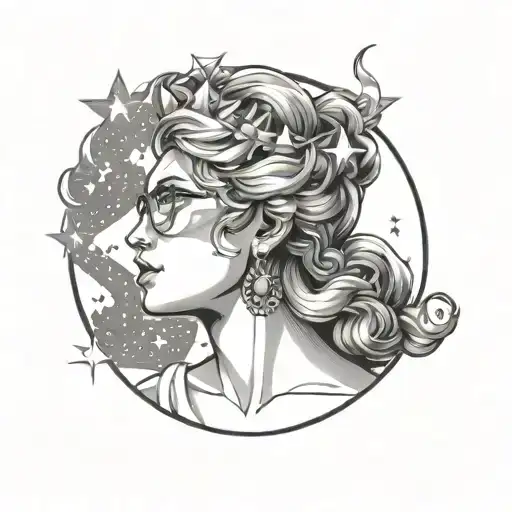 greek goddess of life, wearing glasses, surrounded by stars tattoo design idea