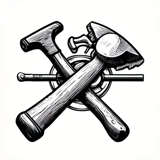 A carpenter's hammer and saw crossed with a fishing rod and reel tattoo design idea