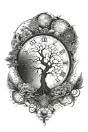 tree of life tattoo design combining elements of philosophy, nature ,clock,male face,sun ,moon,YIN YANG, ocean waves tattoo design idea