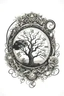 tree of life tattoo design combining elements of philosophy, nature ,clock,male face,sun ,moon,YIN YANG, ocean waves tattoo design idea