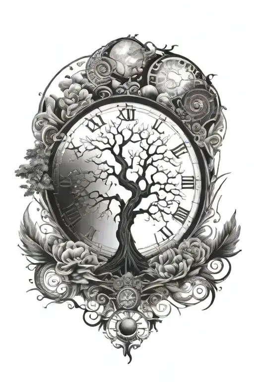tree of life tattoo design combining elements of philosophy, nature ,clock,male face,sun ,moon,YIN YANG, ocean waves tattoo design idea