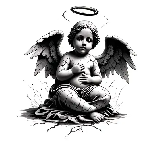 "Alexa" Make me a hand tattoo of a stone baby angel with cracks and a broken halo tattoo design idea