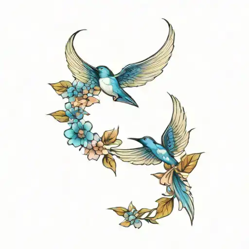 flowers and blue swallows flying with the words "let it be" tattoo design idea