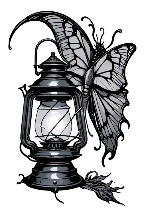 black and gray looks like an old fashioned hand held lantern with a luna moth covering most of it on the right side.  tattoo design idea