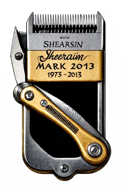 shearing clippers with the name mark in it and the dates 1975-2013 underneath  tattoo design idea