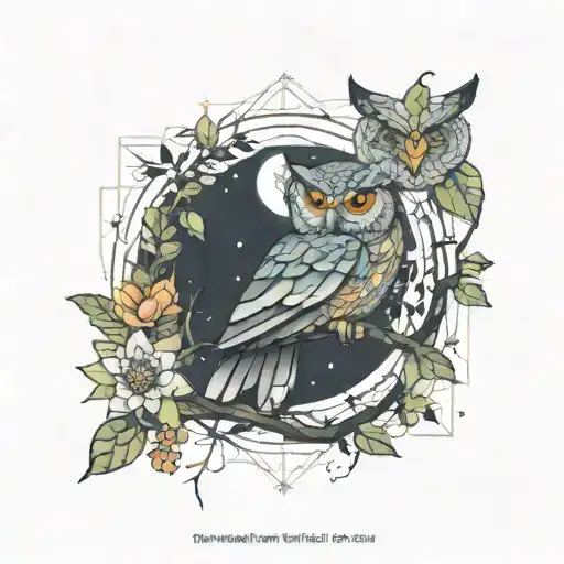 owl perched on a branch in forest with moon and flowers wtih colours  tattoo design idea