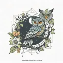 owl perched on a branch in forest with moon and flowers wtih colours  tattoo design idea