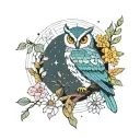 owl perched on a branch in forest with moon and flowers wtih colours  tattoo design idea