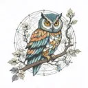 owl perched on a branch in forest with moon and flowers wtih colours  tattoo design idea