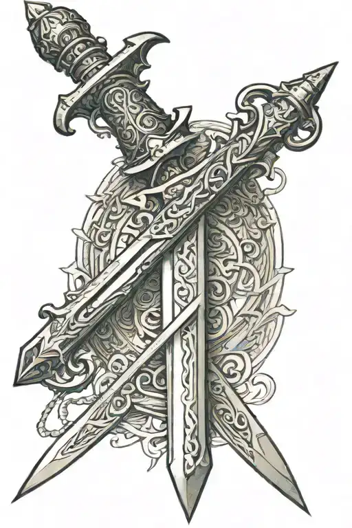 a tattoo of the sword of damocles where "Ὁ τολμῶν νικᾷ" is written on the blade tattoo design idea