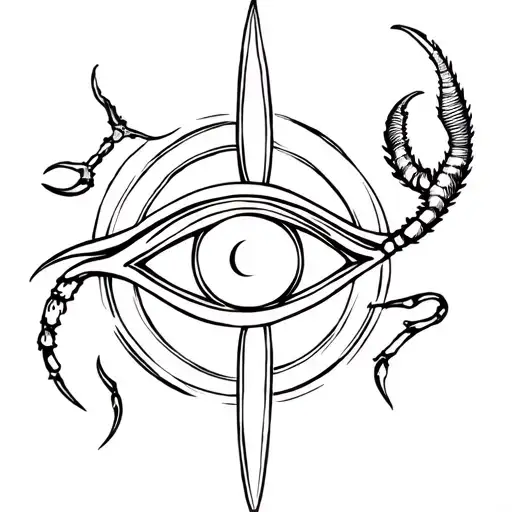 The eye of Ra in a circle, with a crab claw, a capricorn horn, and a scorpion tail around the circle tattoo design idea