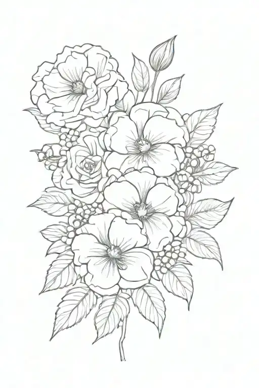 simple bouquet of rose, pansy and azalea flower outline with circle background tattoo design idea