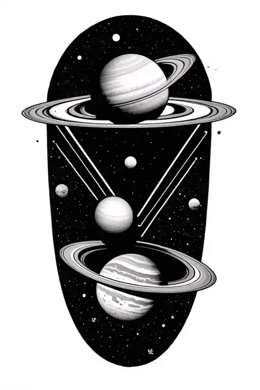 ominous solar system with saturn getting sucked inside of an upside down triangle  tattoo design idea