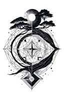 A geometric space landscape inspired by a tree of life and incorporating metatron cube with a compass tattoo design idea