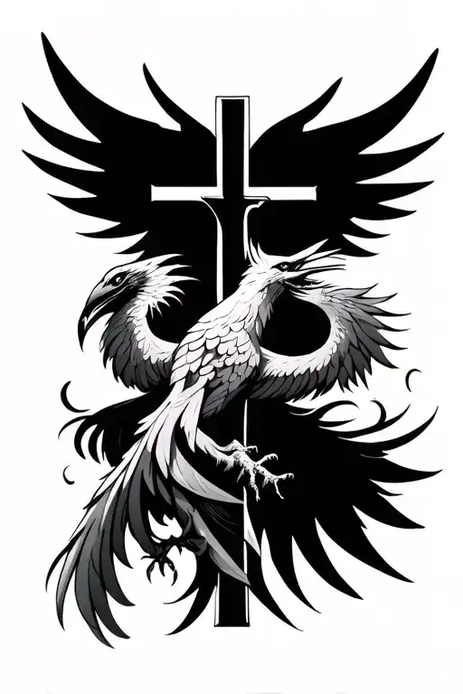 Phoenix behind cross tattoo design idea