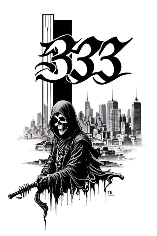 hooded grim reaper over the city of Memphis, TN with the numbers "333" vertically placed on the left side tattoo design idea