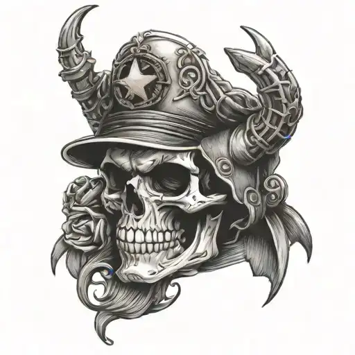 A military-themed skull with Kuromi inspired details tattoo design idea