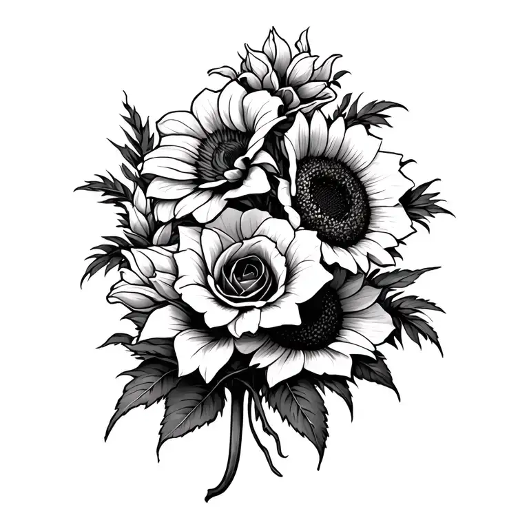gladiolus and sunflower and rose tattoo design idea