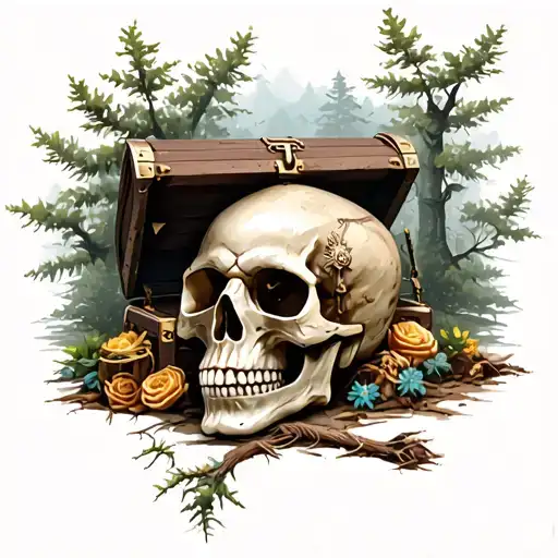 Skull and a treasure chest in the forest  tattoo design idea