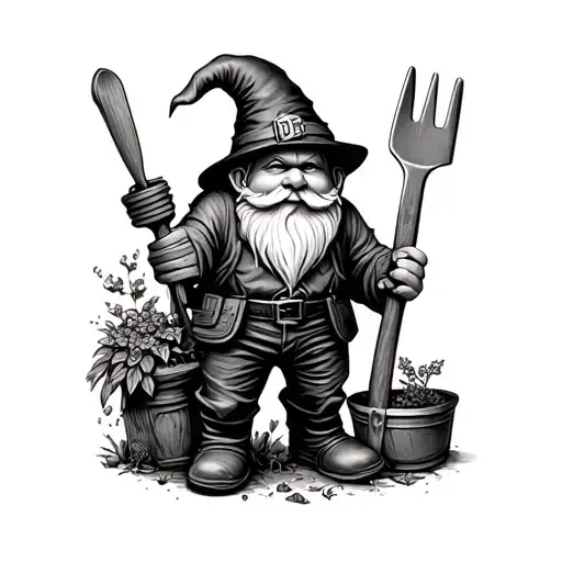 dc martins, gnome and gardening tools tattoo design idea