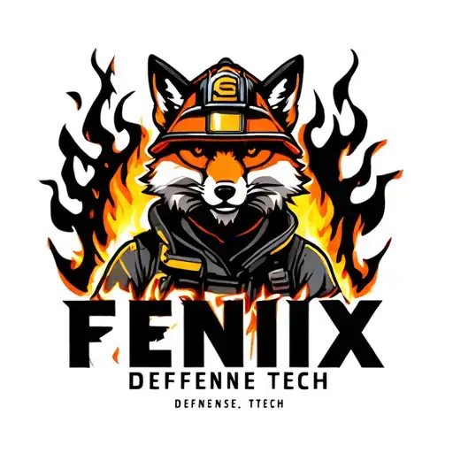 "Fenix Defense Tech" Fox wearing firefighter gear, surrounded by flames tattoo design idea