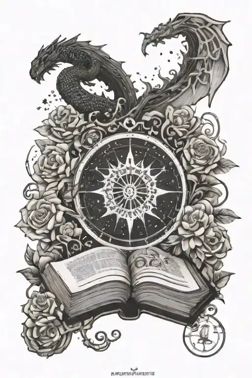 open book bursting with fantasy elements illustrations including astrology, flowers, trees, dragon tattoo design idea