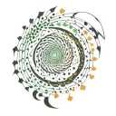 a spiral with elements of green and orange spikes, psychedelic tattoo design idea