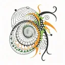 a spiral with elements of green and orange spikes, psychedelic tattoo design idea