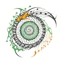 a spiral with elements of green and orange spikes, psychedelic tattoo design idea