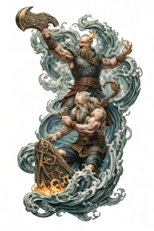 the gods aegir and logi fighting in the ocean and fire with viking ship and large waves and flames  tattoo design idea