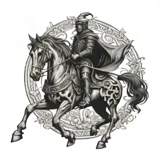 black metal skeleton warrior in a black horse tattoo design idea