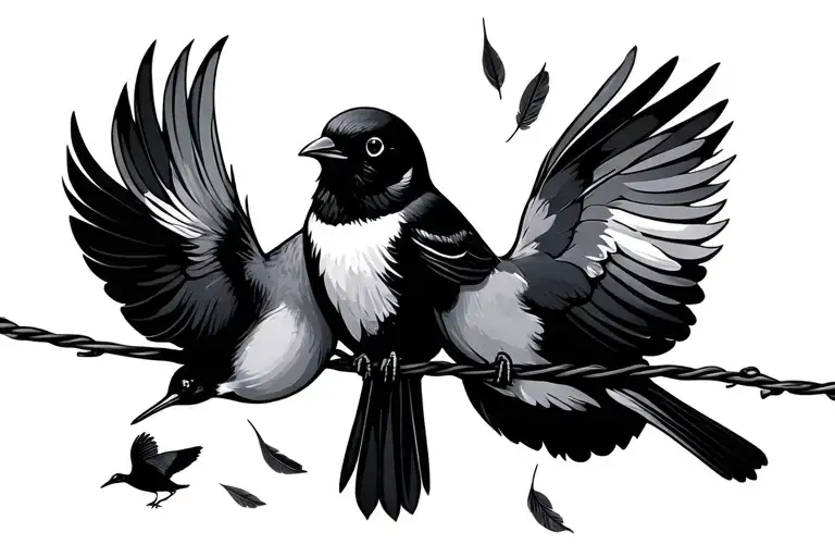 2 birds on a wire with feathers falling and one bird on another wire below minimalistic tattoo design idea