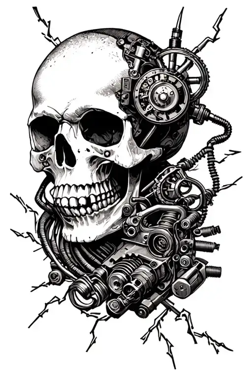 skull and electricity with steampunk and mechanic parts. 10cm x 15cm size tattoo design idea