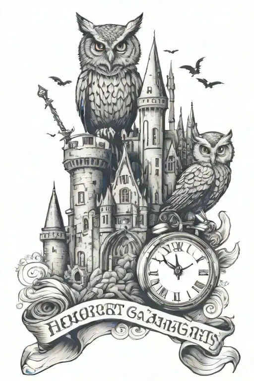 hogwarts, quidditch, mischief managed, gringotts, acceptance letter, owl, castle, time turner, dobby, tattoo design idea