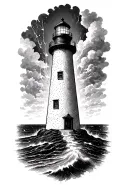 lighthouse standing tall shining light through a storm tattoo design idea