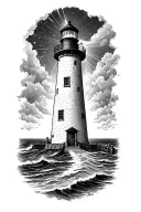 lighthouse standing tall shining light through a storm tattoo design idea