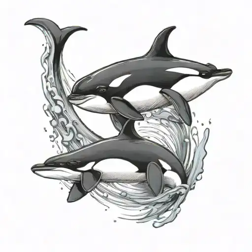mother orca jumping from water while baby orca admires mother tattoo design idea