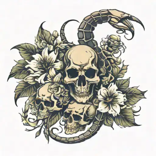 scorpion and skulls and flowers intertwined tattoo design idea