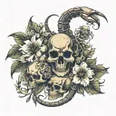 scorpion and skulls and flowers intertwined tattoo design idea