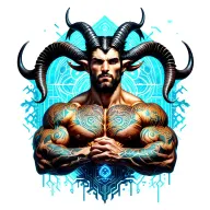 Gay male horned satyr with massive bodybuilder muscles. Background of natural tree roots, vines and patterns tattoo design idea