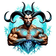 Gay male horned satyr with massive bodybuilder muscles. Background of natural tree roots, vines and patterns tattoo design idea