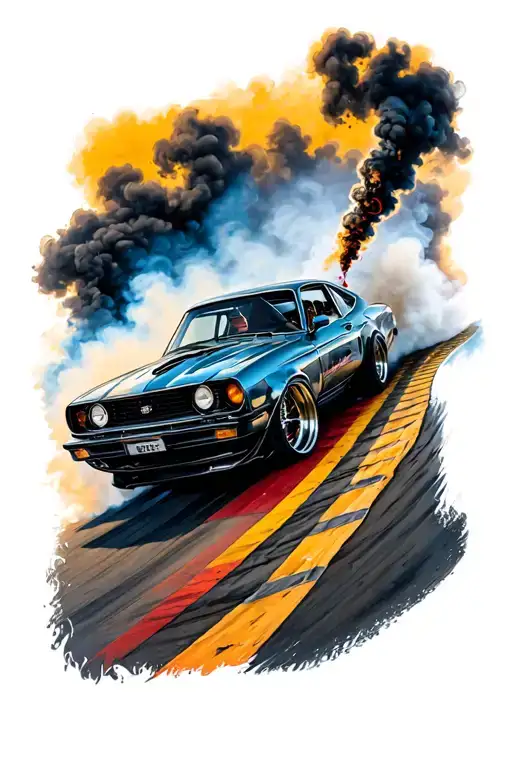 drifting car from the back, racetrack, smoking wheels tattoo design idea