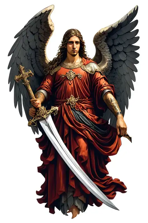 guard angel in the form of a cross holding a sword  tattoo design idea