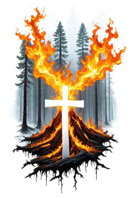 burning forest with white cross in the middle  tattoo design idea