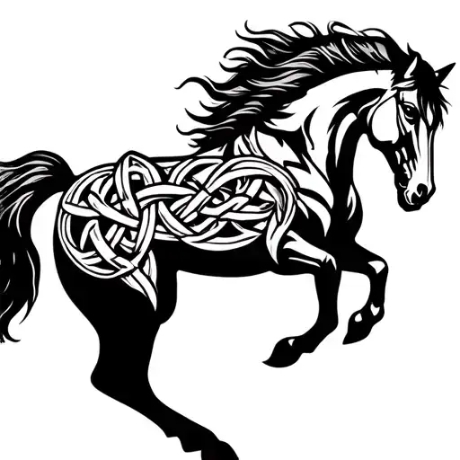 mustang horse head back high raising up verticaly high up scared or angry no clipping with celtic knots zoom out tattoo design idea