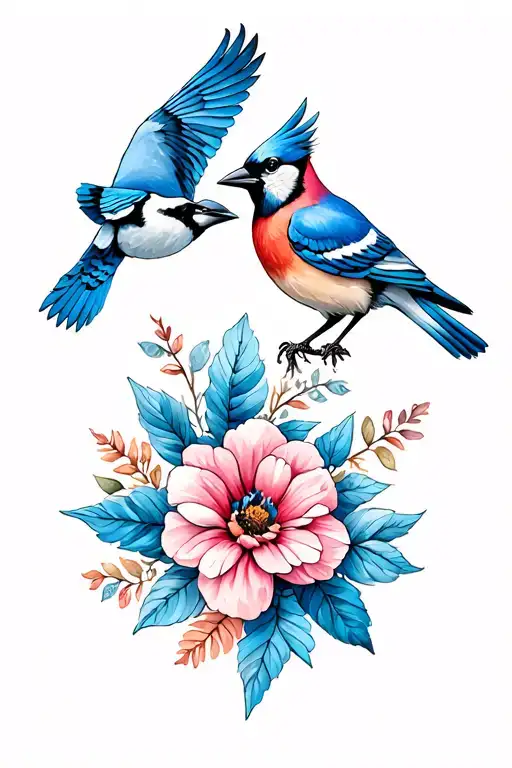 blue jay and cardinal flying over may and september birth flower tattoo design idea