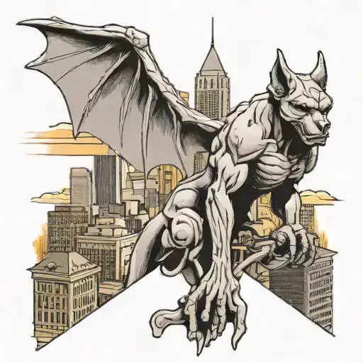 a gargoyle statute ontop of a Denver city skyline holding a Ak 47 tattoo design idea