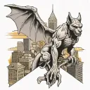 a gargoyle statute ontop of a Denver city skyline holding a Ak 47 tattoo design idea