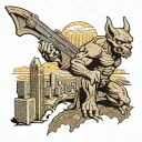 a gargoyle statute ontop of a Denver city skyline holding a Ak 47 tattoo design idea
